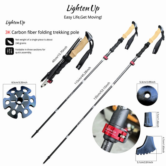 Lighten Up Carbon Fibre Trekking Poles | EVA Cork Adjustable Walking Sticks Ultralight