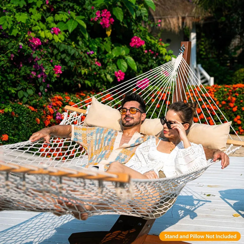 Load image into Gallery viewer, 12FT Double Cotton Rope Hammock with Spreader Bar – Handwoven Comfort for Outdoor, Patio, or Poolside Relaxation
