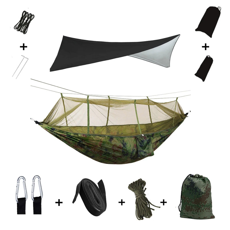 Load image into Gallery viewer, 2-in-1 Hammock with Mosquito Net &amp; Rain Tarp – Portable Survival Shelter for Camping &amp; Outdoor Use
