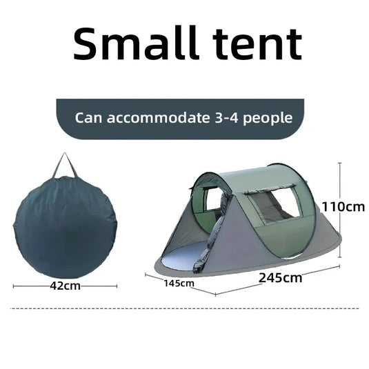 Small tent with dimensions and capacity information on a white background