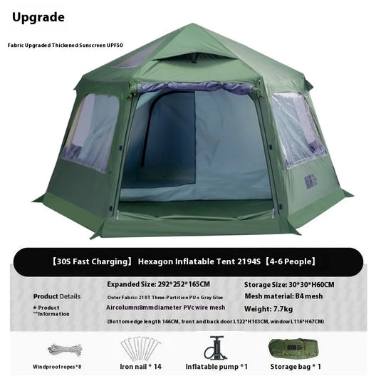 Green hexagonal inflatable tent with product details on a white background