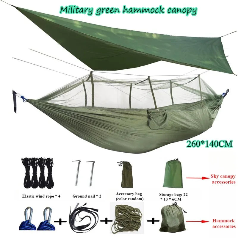 Load image into Gallery viewer, Camping Hammock with Mosquito Net &amp; Rainfly – All-in-One Sunshade Shelter for Outdoor Comfort
