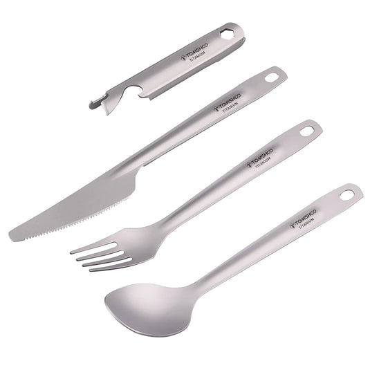 Titanium 4-in-1 Camping Cutlery Set with Multitool Storage Holder | Lightweight Outdoor Flatware