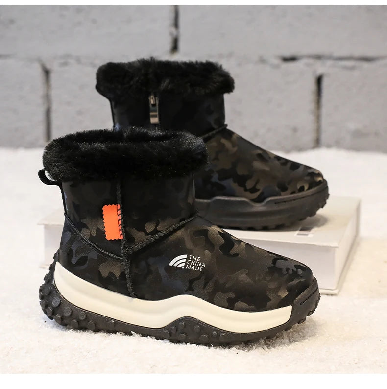 Load image into Gallery viewer, Furry Children Snow Boots Fashion Camouflage Girl Boy Velvet Thickened Non-slip Wear-resistant Elastic Comfort Child Cotton Shoe
