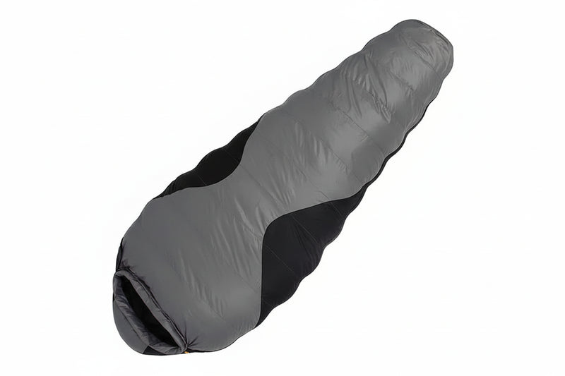 Load image into Gallery viewer, Gray sleeping bag with black interior and red logo on a white background
