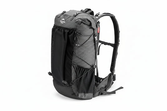 Black backpack with technical specifications on a white background, featuring the Naturehike brand.