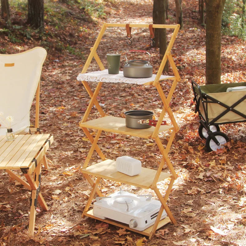 Load image into Gallery viewer, Bamboo Folding Camping Storage Rack | Multi-Layer Portable Outdoor Shelf | Foldable Camp Table
