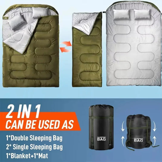 Detachable Double Sleeping Bag | Thickened Waterproof | Converts to Two Singles