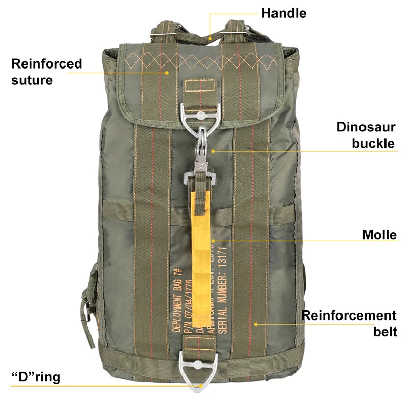 Load image into Gallery viewer, Green backpack with labeled features on a white background
