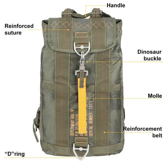 Green backpack with labeled features on a white background