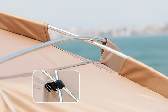 Large beach canopy tent for 4-8 people set up at the shoreline with aluminum pole frame
