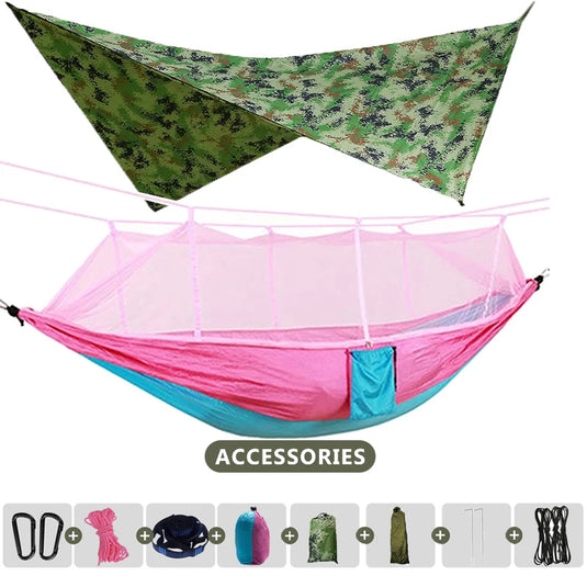 Double Camping Hammock with Mosquito Net & Rain Fly – 260x140cm Lightweight Parachute Hammock for Travel & Hiking
