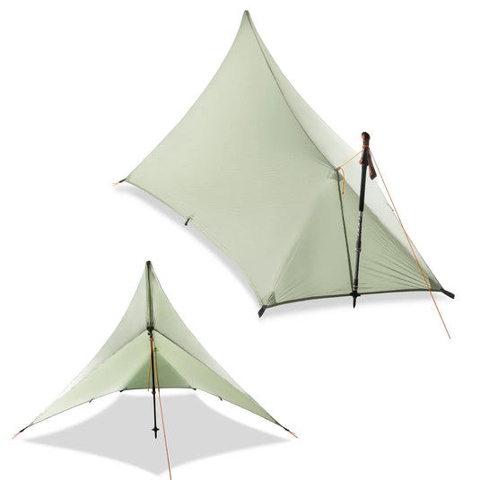 Two green triangular tents on a white background