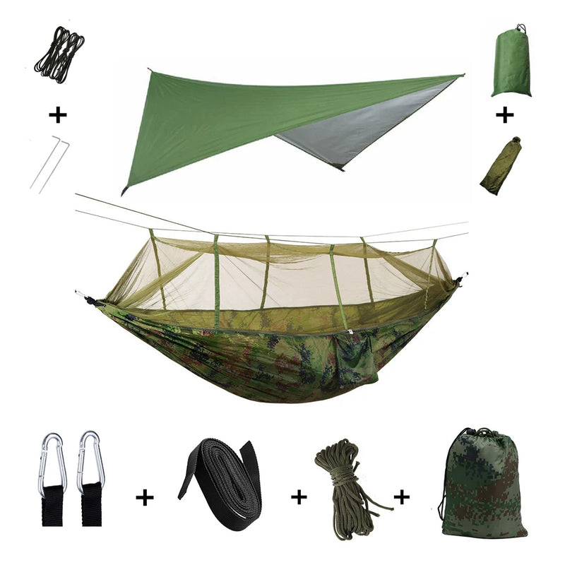 Load image into Gallery viewer, 2-in-1 Hammock with Mosquito Net &amp; Rain Tarp – Portable Survival Shelter for Camping &amp; Outdoor Use
