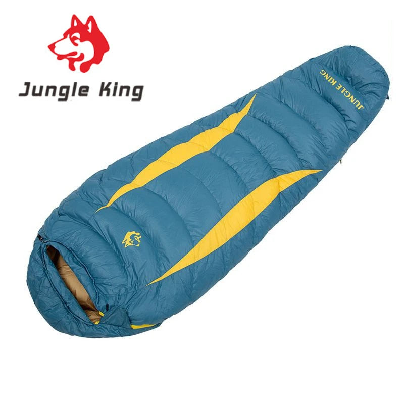 Load image into Gallery viewer, Roll-up sleeping bag with yellow accents and Jungle King branding on a white background
