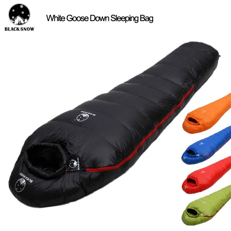 Load image into Gallery viewer, Black goose down sleeping bag with color options on a white background, featuring the Black Snow brand.
