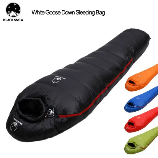 Black goose down sleeping bag with color options on a white background, featuring the Black Snow brand.