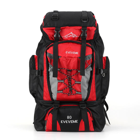 Red and black backpack with 'EVEVEM' branding on a white background