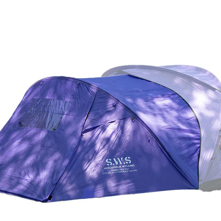 Load image into Gallery viewer, Purple camping tent with SWS branding, including a carrying bag and stakes on a white background.
