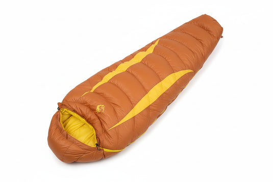 Brown mummy down sleeping bag with yellow accents and dimensions on a white background