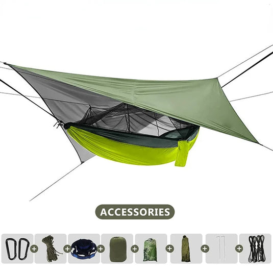 Double Camping Hammock with Mosquito Net & Rain Fly – 260x140cm Lightweight Parachute Hammock for Travel & Hiking
