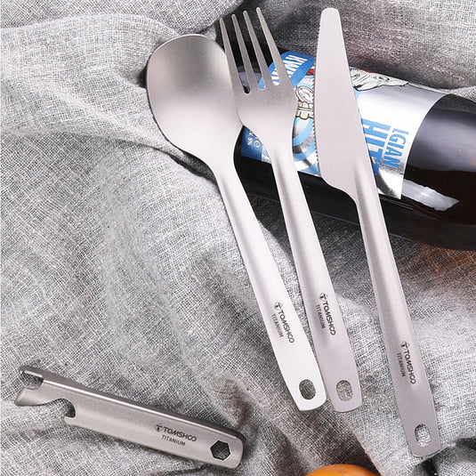 Titanium 4-in-1 Camping Cutlery Set with Multitool Storage Holder | Lightweight Outdoor Flatware