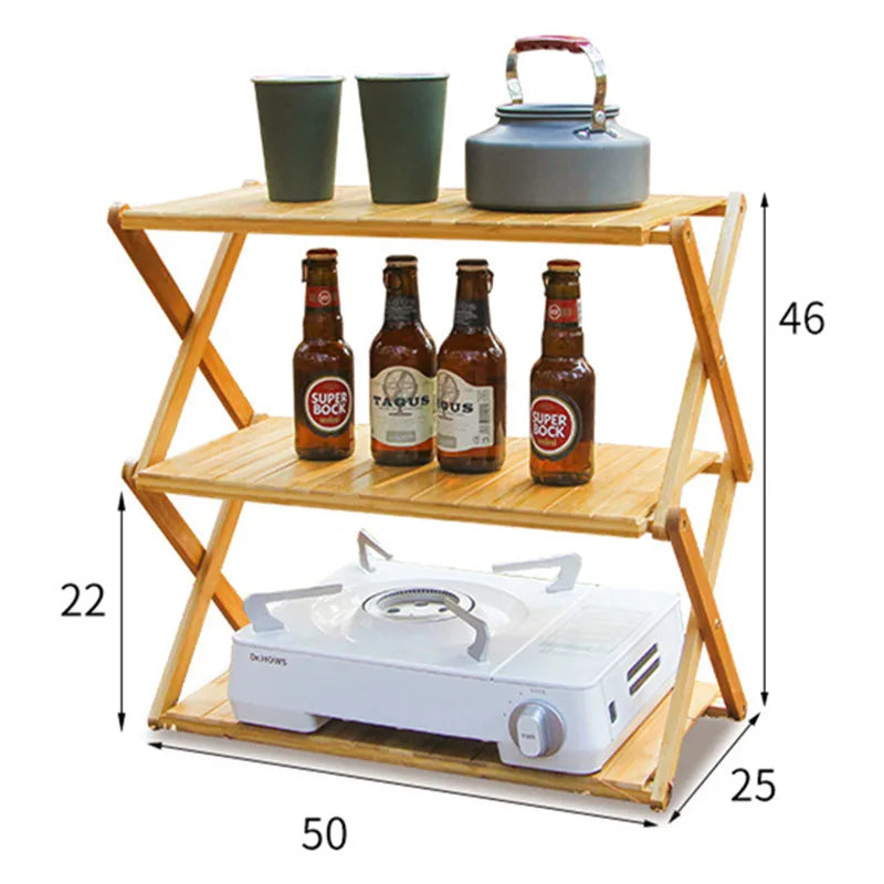 Load image into Gallery viewer, Bamboo Folding Camping Storage Rack | Multi-Layer Portable Outdoor Shelf | Foldable Camp Table
