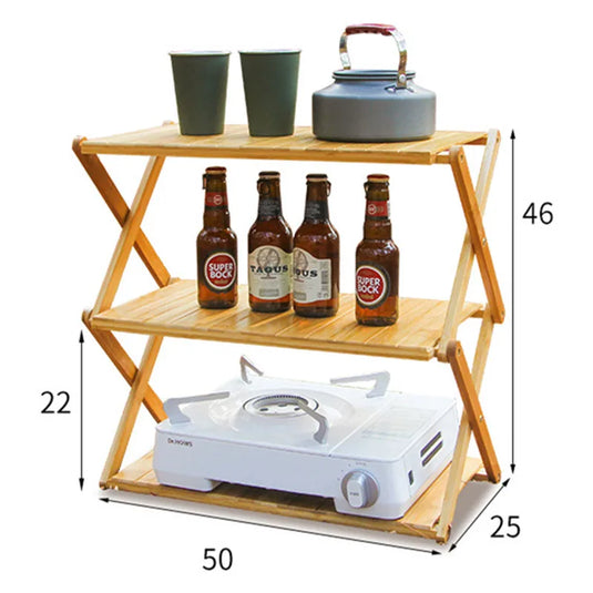 Bamboo Folding Camping Storage Rack | Multi-Layer Portable Outdoor Shelf | Foldable Camp Table