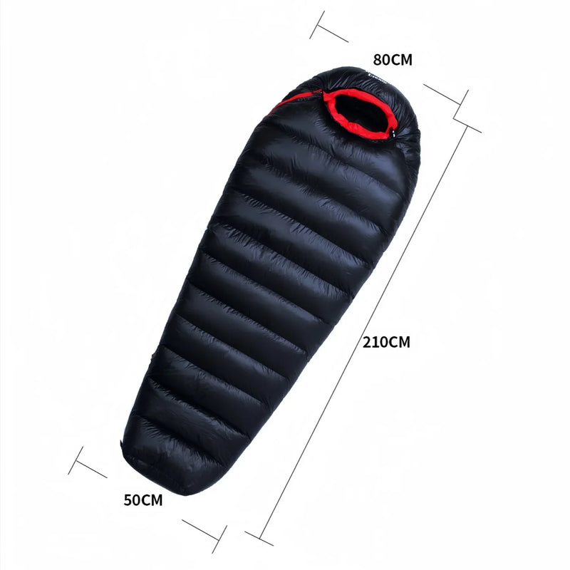 Load image into Gallery viewer, Black sleeping bag with red accents and measurements on a white background
