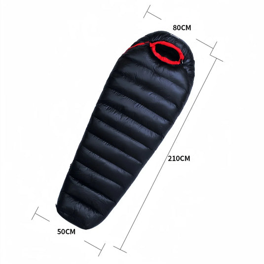 Black sleeping bag with red accents and measurements on a white background