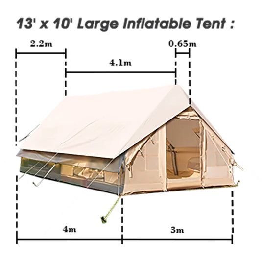 Large inflatable tent with dimensions on a white background