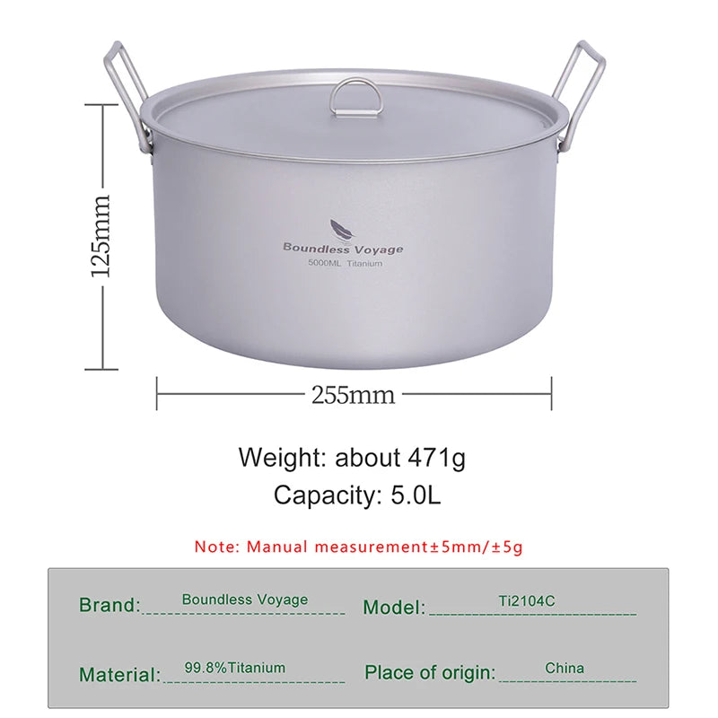 Load image into Gallery viewer, Titanium 5L Camping Stockpot | Large Capacity Outdoor Cookware | Hiking Picnic Soup Pot
