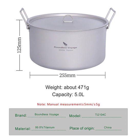 Titanium 5L Camping Stockpot | Large Capacity Outdoor Cookware | Hiking Picnic Soup Pot