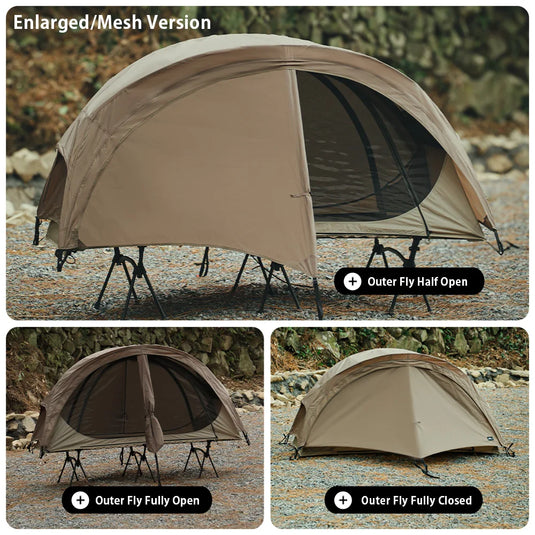 Collage of a beige camping tent with an enlarged/mesh version on a rocky outdoor background.