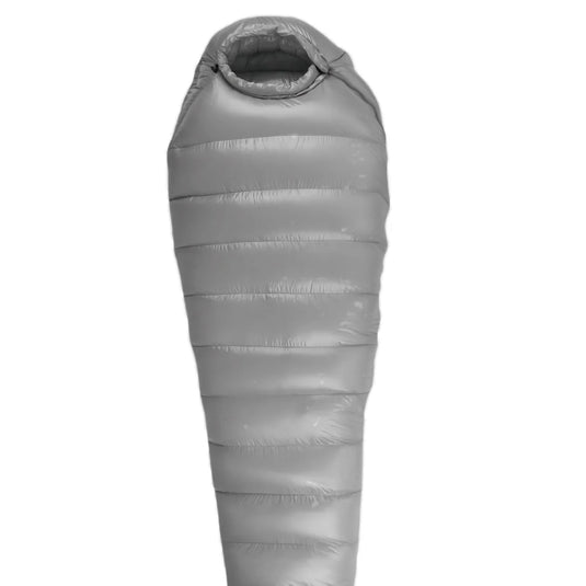 Gray sleeping bag on a white background with text indicating filling weight and sleeping bag weight.