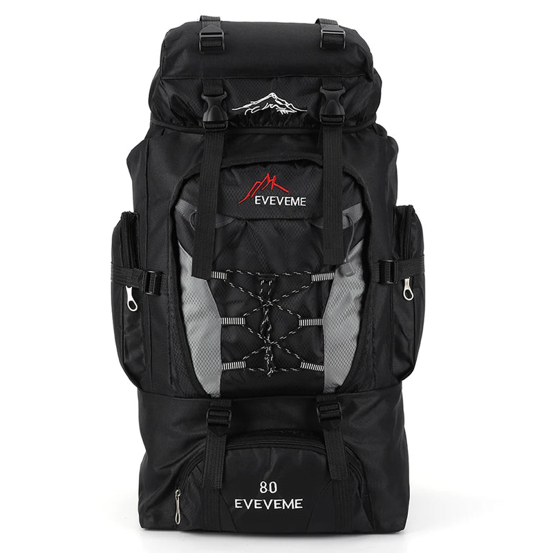 Load image into Gallery viewer, Black hiking backpack with gray accents and 'EVEVEME' branding on a white background
