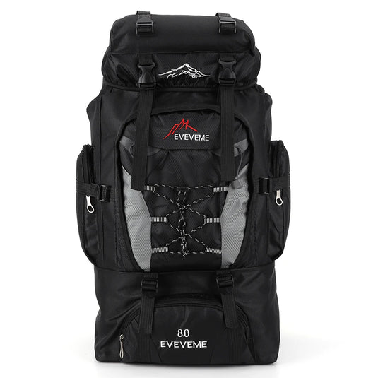Black hiking backpack with gray accents and 'EVEVEME' branding on a white background