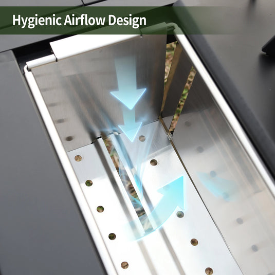 Airflow design illustration with arrows showing airflow direction on a metallic surface.
