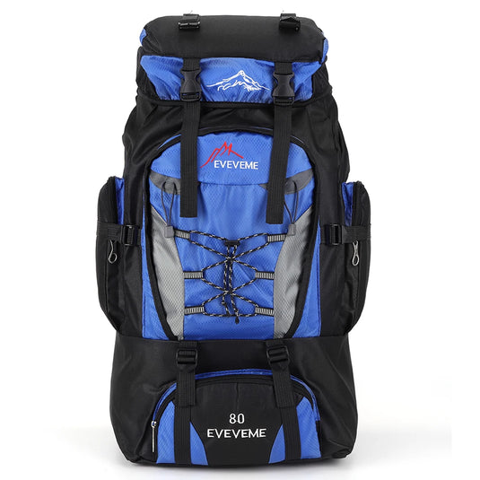 Blue and black backpack with 'EVEVEME' branding on a white background