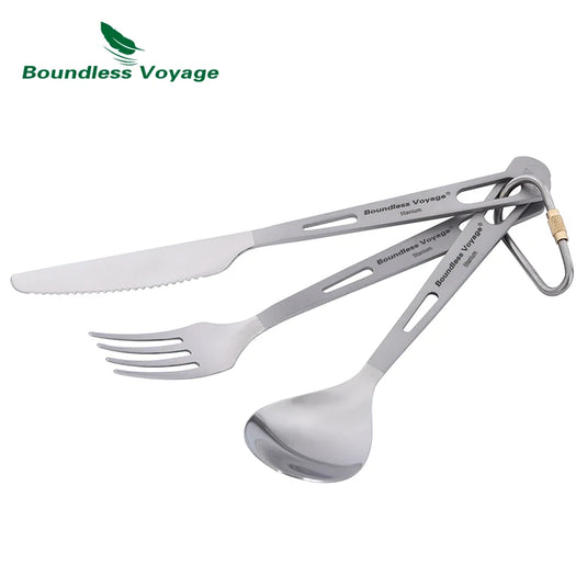Boundless Voyage Titanium Camping Utensil Set – Lightweight 3-Piece Knife, Fork Spoon with Portable Bag