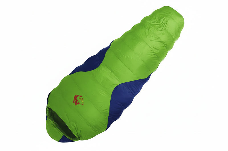 Load image into Gallery viewer, Green and blue sleeping bag with specifications on a white background
