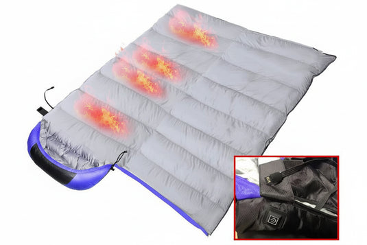 USB electric heating sleeping bag with temperature control indicators on a red background