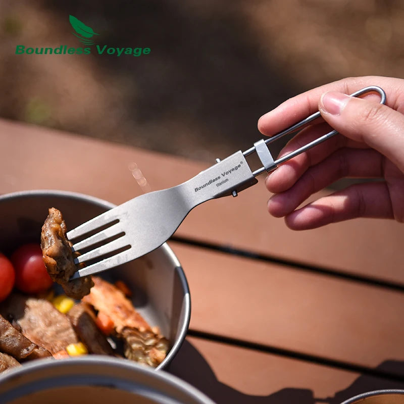 Load image into Gallery viewer, Titanium Folding Spork Fork Spoon Set | Camping Cutlery | Lightweight Outdoor Flatware Kit
