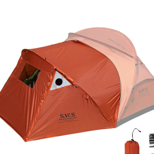 Orange camping tent with SWS branding on a white background