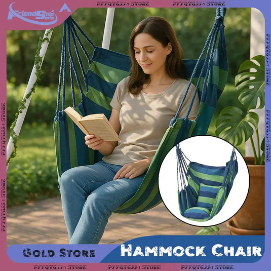 Heavy-Duty Canvas Hammock Chair – 200KG Capacity, Striped Design, with Storage Bag