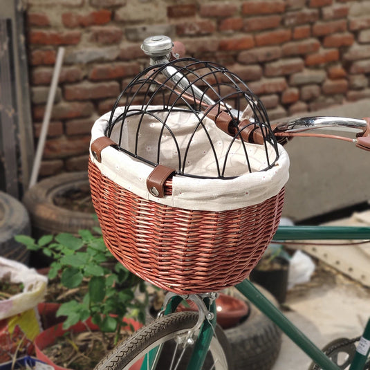 Handwoven Wicker Pet Bike Basket Waterproof Handlebar Carrier with Metal Cover for Small Dogs & Cats