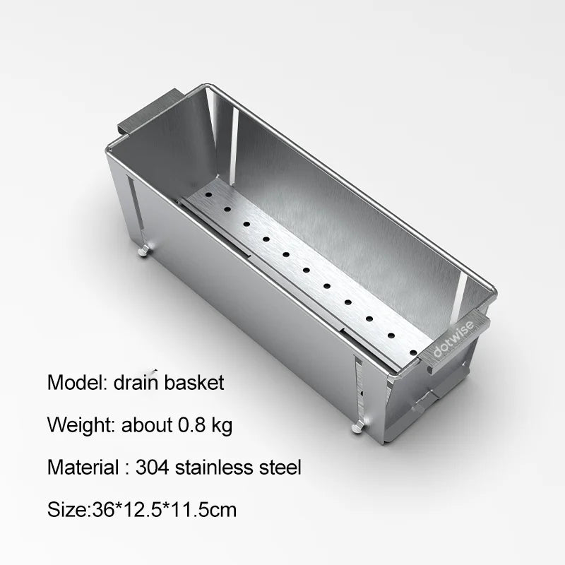Load image into Gallery viewer, Stainless steel drain basket on a white background with product details.
