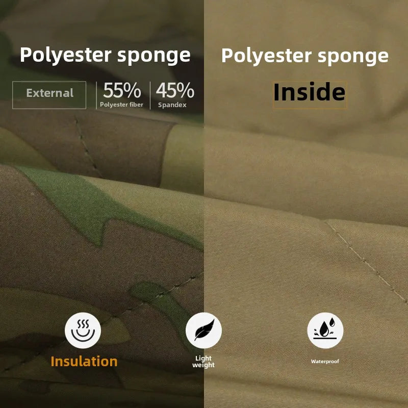 Load image into Gallery viewer, Comparison of polyester sponge used externally and internally with insulation, light weight, and waterproof icons.
