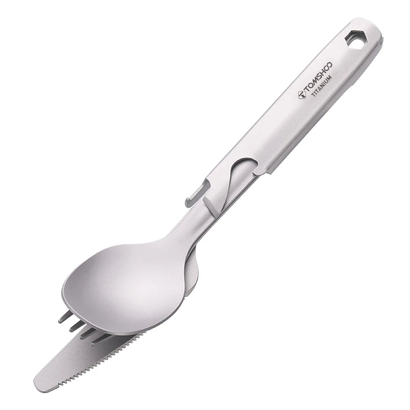 Load image into Gallery viewer, Titanium 4-in-1 Camping Cutlery Set with Multitool Storage Holder | Lightweight Outdoor Flatware
