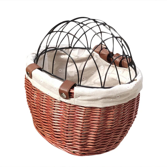 Handwoven Wicker Pet Bike Basket Waterproof Handlebar Carrier with Metal Cover for Small Dogs & Cats